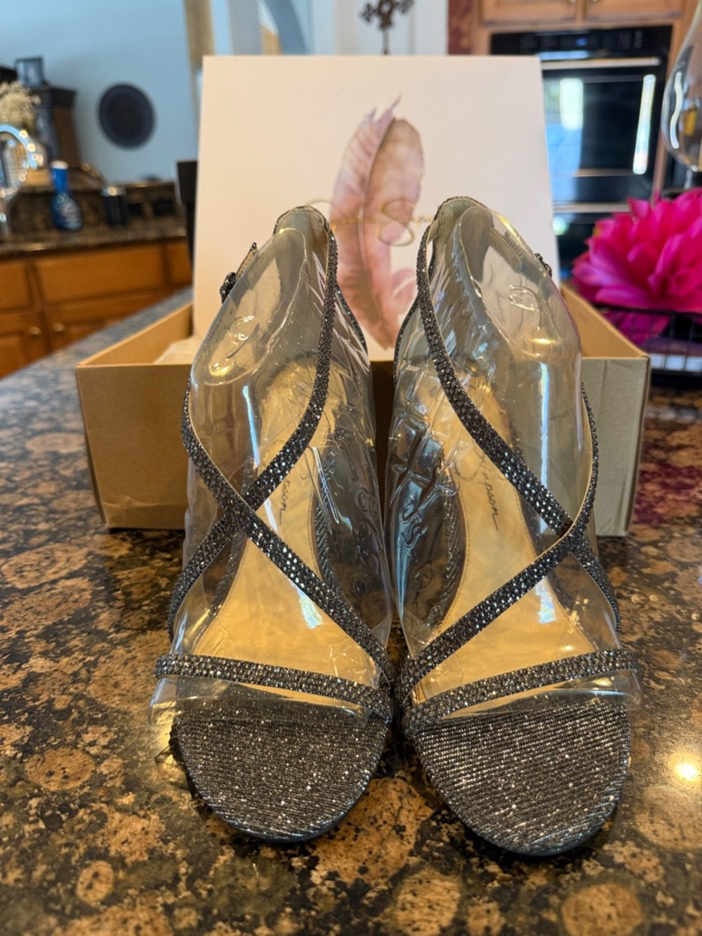 Jessica Simpson Clear Strappy High Heels with Silver Glitter